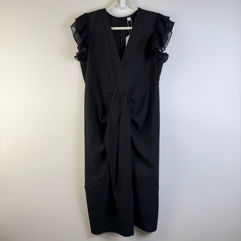 Made With Love Black Midi Dress NWT Medium Ruffle Sleeve V-Neck Cocktail LBD
